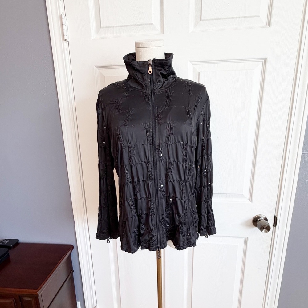 Berek Black Textured Sequin Zip Up Jacket Mock Neck Zipper Cuffs Size Large